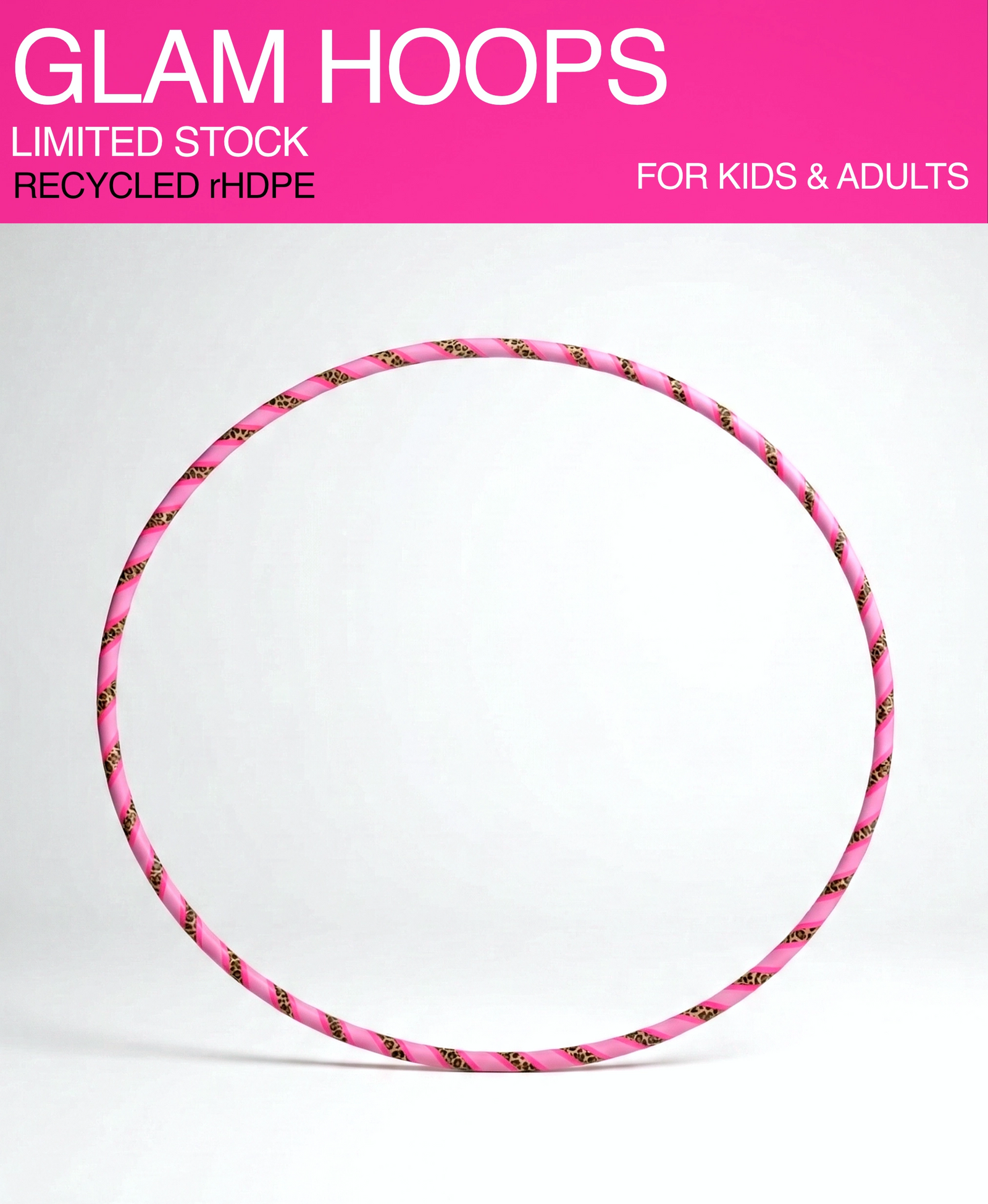 Pro dance fitness hula hoop Australia – Glam Edition in Pink Leopard. Handmade in Sydney, Australia from recycled rHDPE, featuring a limited stock design for kids and adults.