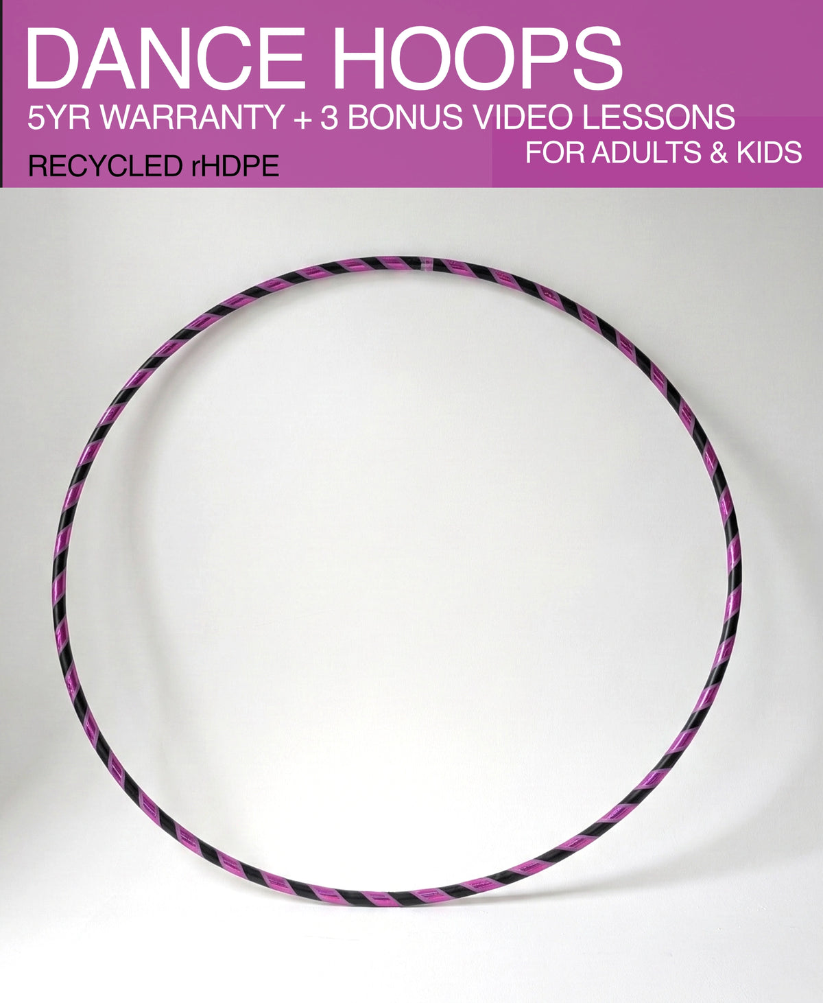 Professional dance fitness hula hoop Australia – Midnight Violet Glam Edition. Handmade in Sydney, Australia from recycled rHDPE, featuring a 5-year warranty and 3 bonus video lessons for adults and kids.