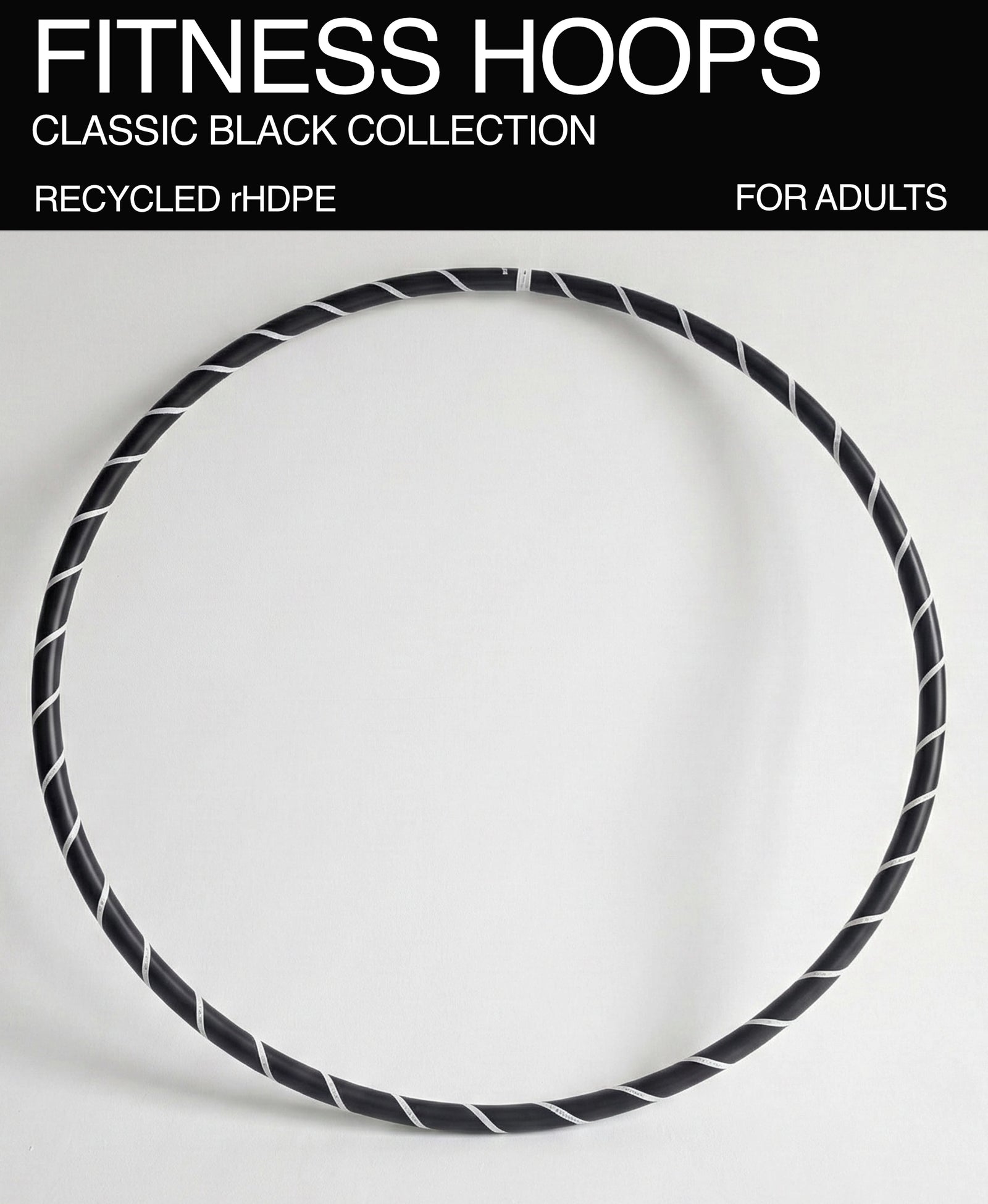 Weighted fitness hula hoop for core workouts with black and white stripe on a white background, labeled 'Classic Black Collection for Adults. 